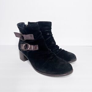 Paul Green Black Suede Brown Leather Buckles Size 7.5 Women’s Heeled Ankle Boots